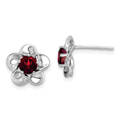 QBE31JAN Sterling Silver Rhodium-plated Floral Garnet Post Earrings