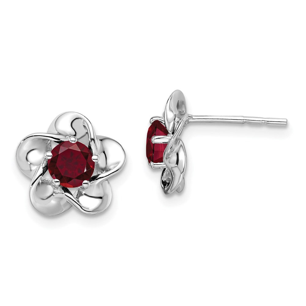 QBE31JUL Sterling Silver Rhodium-plated Floral Created Ruby Post Earrings