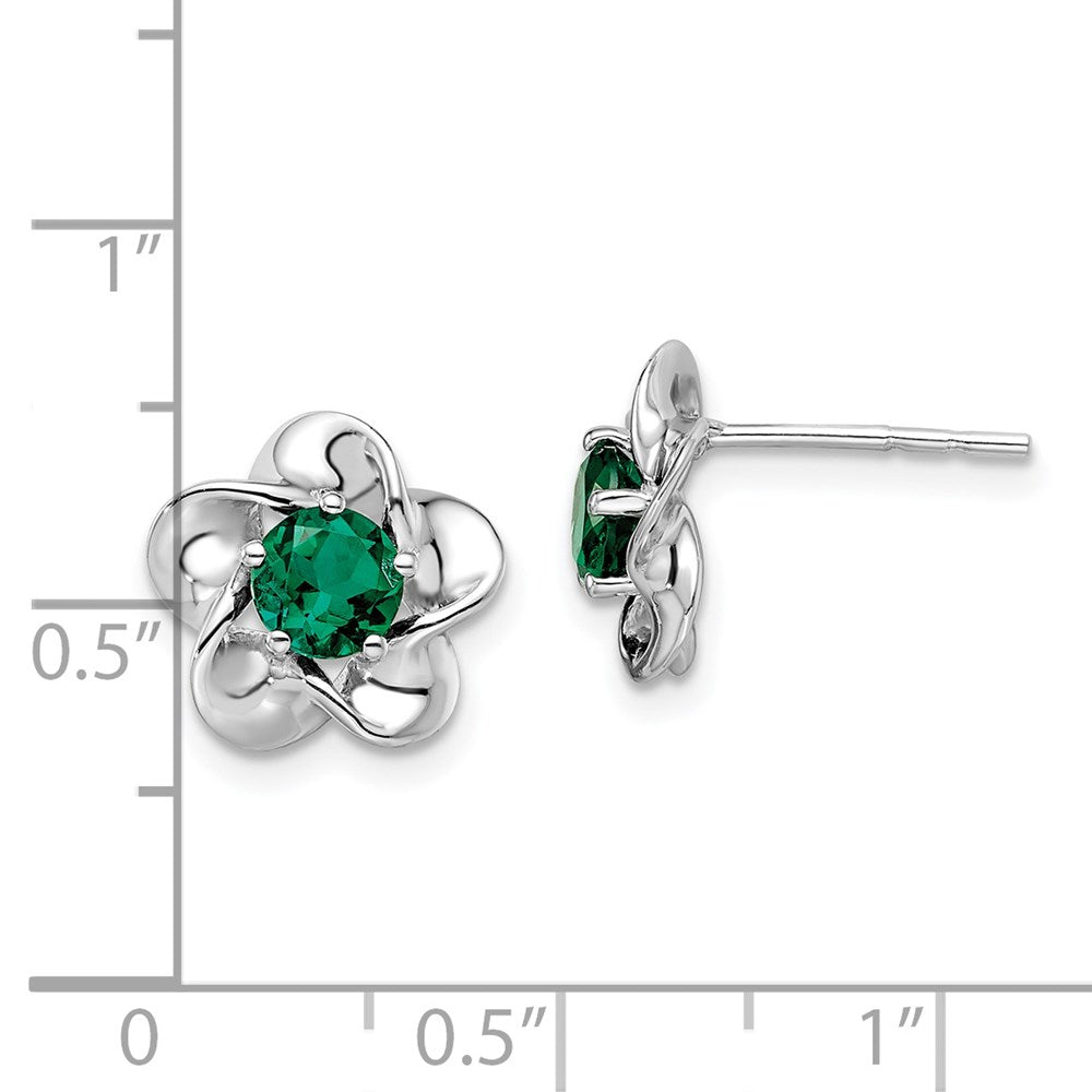 QBE31MAY Sterling Silver Rhodium-plated Floral Created Emerald Post Earrings