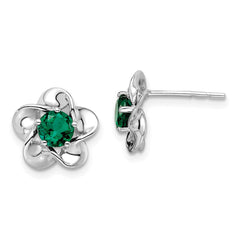 QBE31MAY Sterling Silver Rhodium-plated Floral Created Emerald Post Earrings