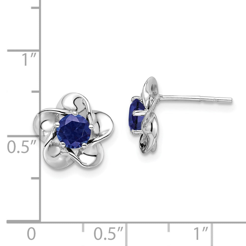 QBE31SEP Sterling Silver Rhodium-plated Floral Created Sapphire Post Earrings