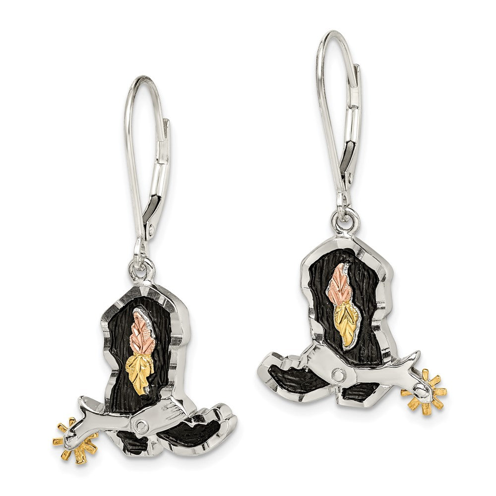 QBH108 Landstrom's Mt. Rushmore Black Hills Sterling Silver 12K Gold Accents Antiqued Cowboy Boot with 10K Spur Dangle Leverback Earrings