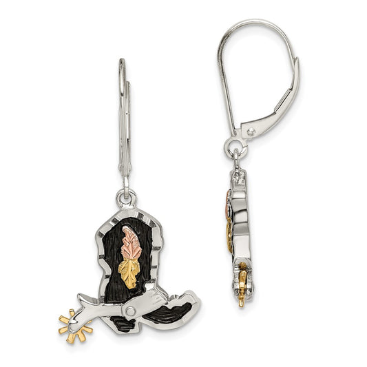 QBH108 Landstrom's Mt. Rushmore Black Hills Sterling Silver 12K Gold Accents Antiqued Cowboy Boot with 10K Spur Dangle Leverback Earrings