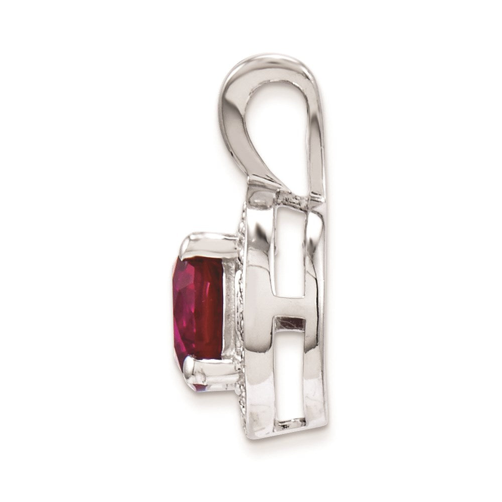 Sterling Silver Rhodium Plated Lab Created Ruby and .010 ctw Diamond Halo Pendant QBPD11JUL