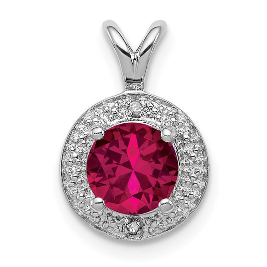 Sterling Silver Rhodium Plated Lab Created Ruby and .010 ctw Diamond Halo Pendant QBPD11JUL