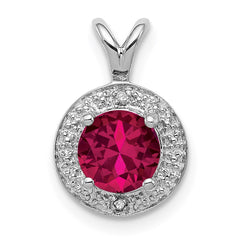 Sterling Silver Rhodium Plated Lab Created Ruby and .010 ctw Diamond Halo Pendant QBPD11JUL