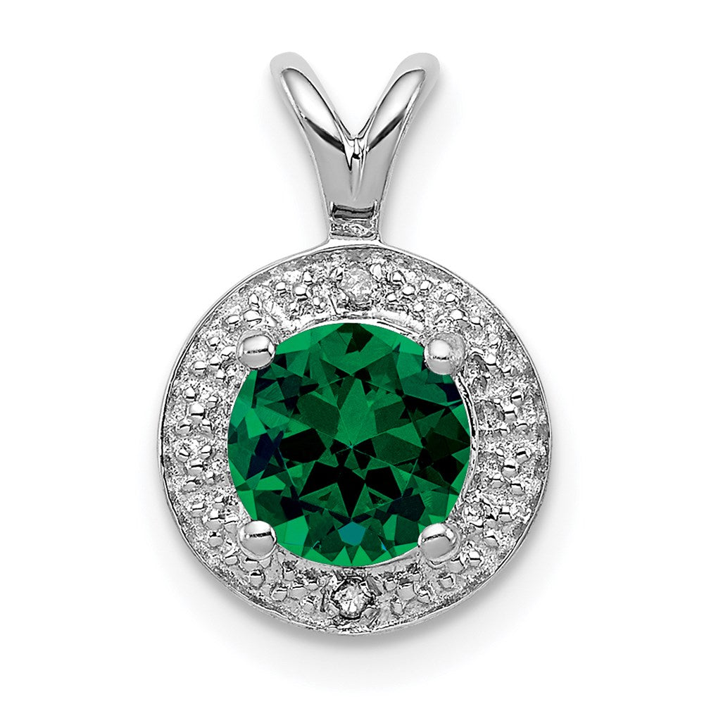 Sterling Silver Rhodium-plated Diam. & Created Emerald Pendant QBPD11MAY