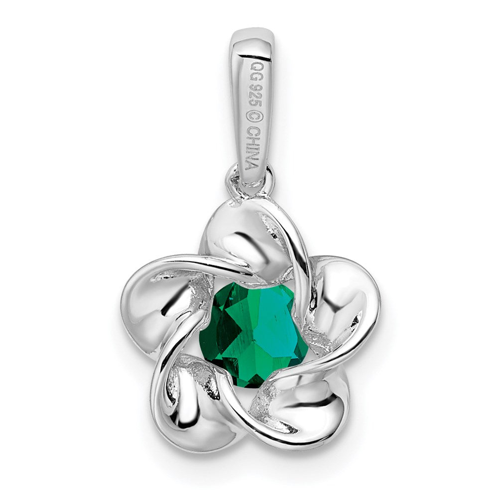 Sterling Silver Rhodium-plated Floral Created Emerald Pendant QBPD31MAY