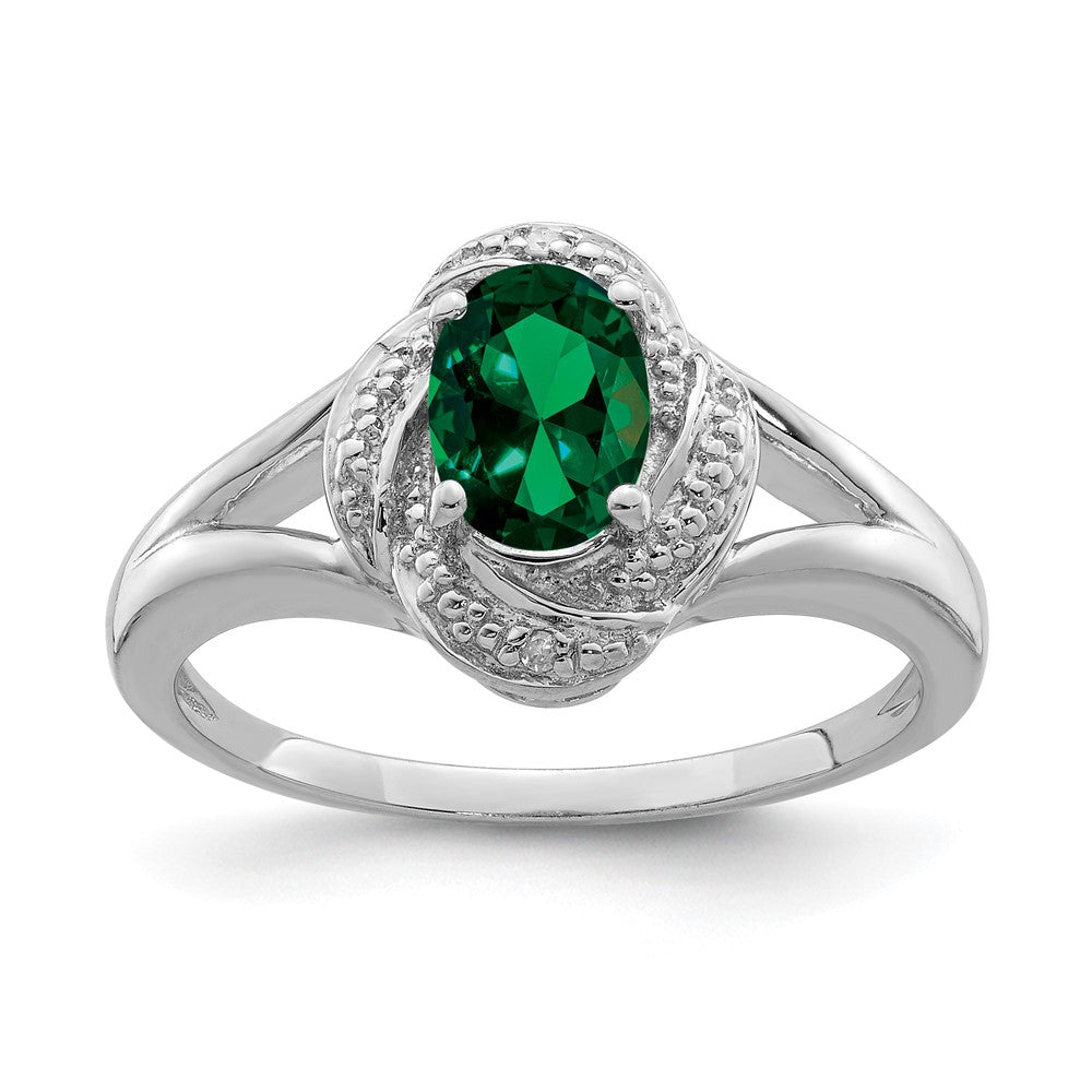 Sterling Silver Rhodium-plated Diam. & Created Emerald Ring