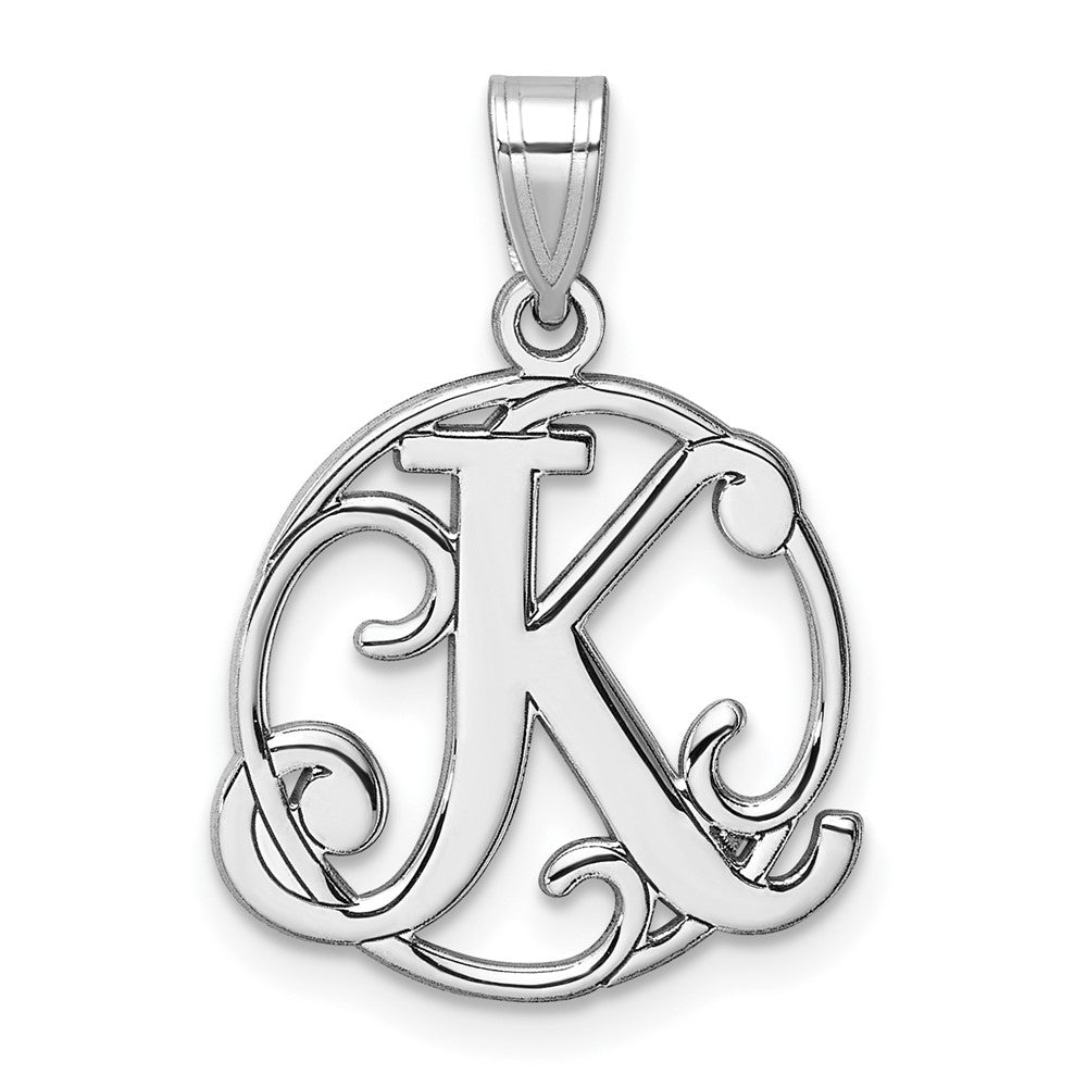 Small Sterling Silver Rhodium-plated Fancy Script Letter K Initial Pendant QC11257K
