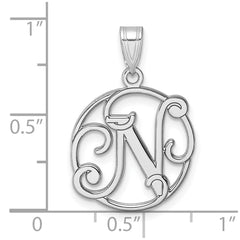 Small Sterling Silver Rhodium-plated Fancy Script Letter N Initial Pendant QC11257N