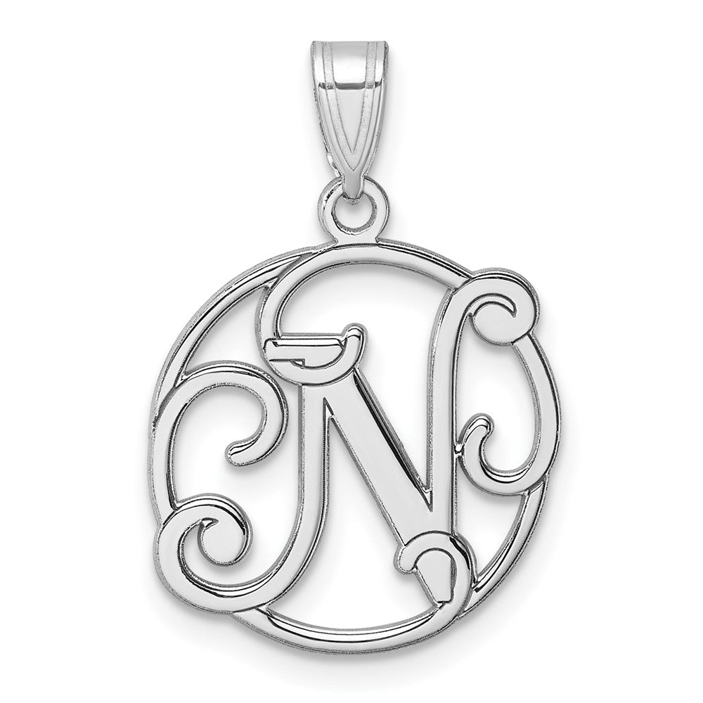 Small Sterling Silver Rhodium-plated Fancy Script Letter N Initial Pendant QC11257N