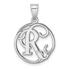 Small Sterling Silver Rhodium-plated Fancy Script Letter R Initial Pendant QC11257R