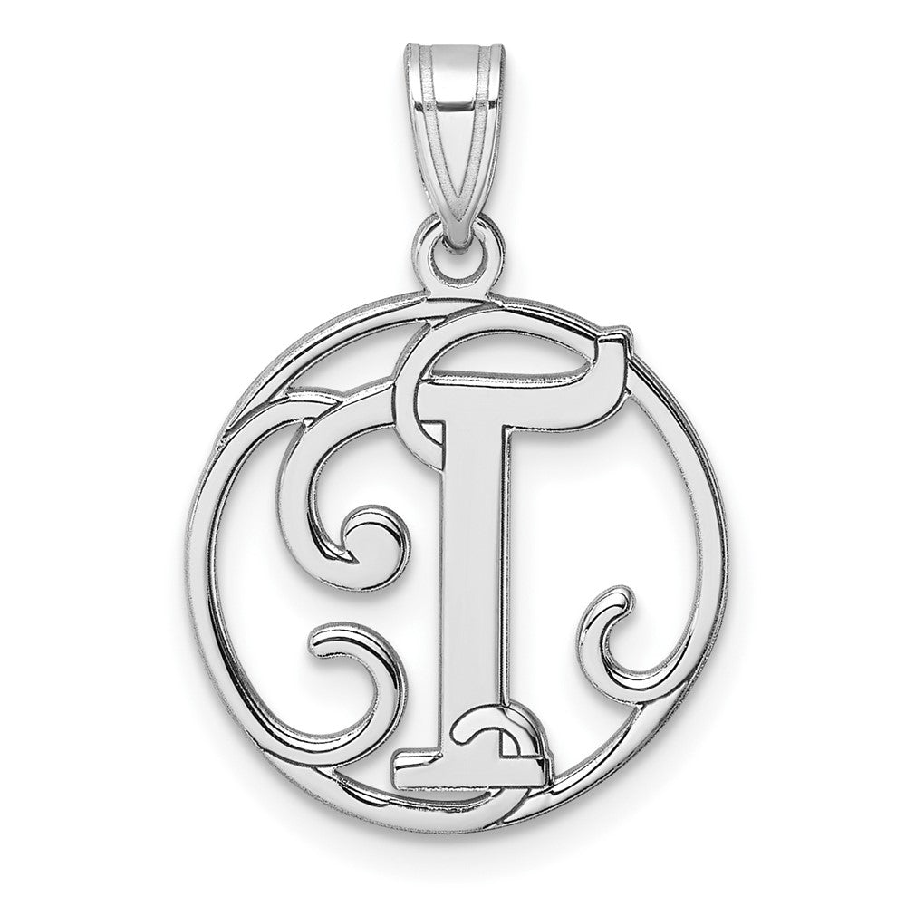 Small Sterling Silver Rhodium-plated Fancy Script Letter T Initial Pendant QC11257T