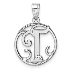 Small Sterling Silver Rhodium-plated Fancy Script Letter T Initial Pendant QC11257T