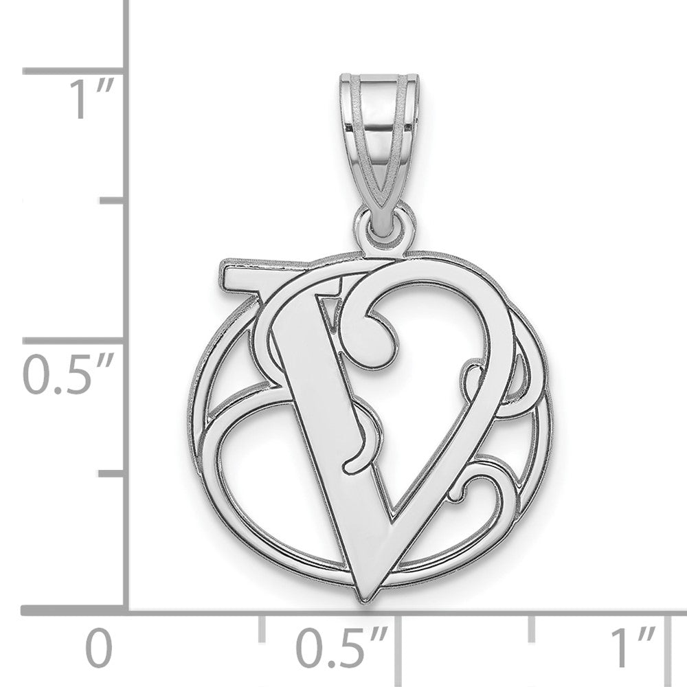 Small Sterling Silver Rhodium-plated Fancy Script Letter V Initial Pendant QC11257V