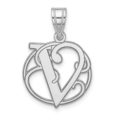 Small Sterling Silver Rhodium-plated Fancy Script Letter V Initial Pendant QC11257V