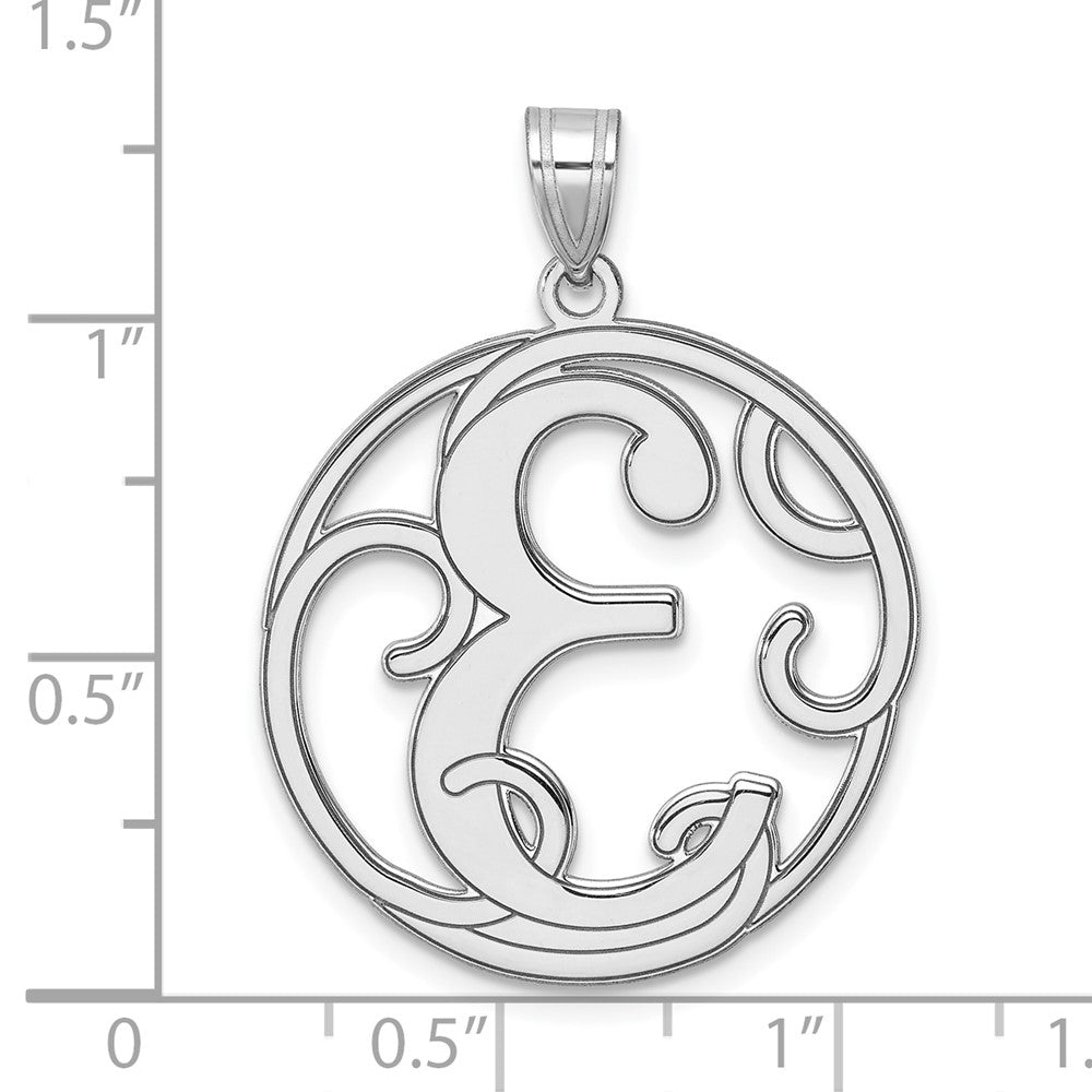 Large Sterling Silver Rhodium-plated Fancy Script Letter E Initial Pendant QC11258E