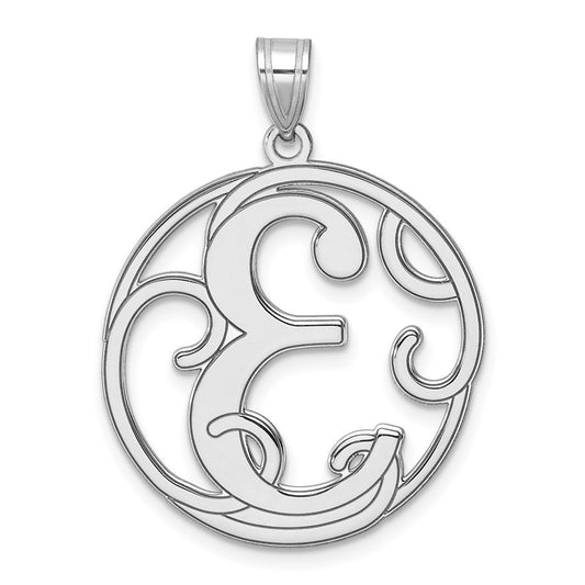 Large Sterling Silver Rhodium-plated Fancy Script Letter E Initial Pendant QC11258E