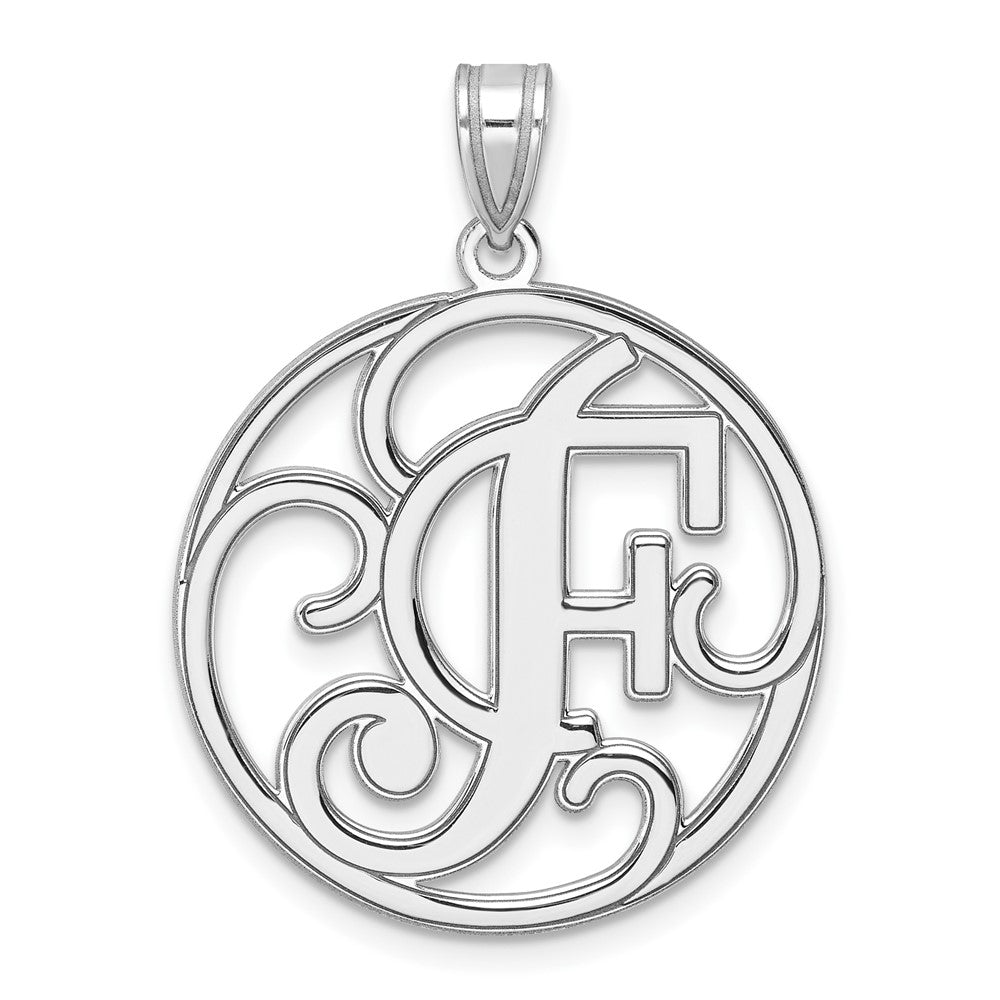 Large Sterling Silver Rhodium-plated Fancy Script Letter F Initial Pendant QC11258F