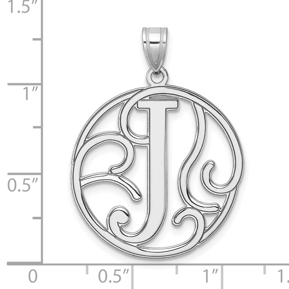 Large Sterling Silver Rhodium-plated Fancy Script Letter J Initial Pendant QC11258J