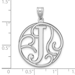 Large Sterling Silver Rhodium-plated Fancy Script Letter J Initial Pendant QC11258J