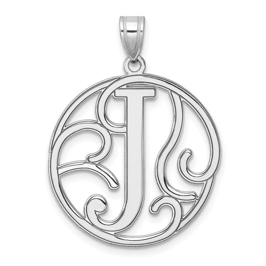 Large Sterling Silver Rhodium-plated Fancy Script Letter J Initial Pendant QC11258J