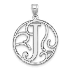 Large Sterling Silver Rhodium-plated Fancy Script Letter J Initial Pendant QC11258J