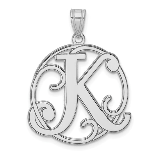 Large Sterling Silver Rhodium-plated Fancy Script Letter K Initial Pendant QC11258K
