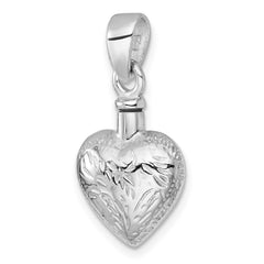 Sterling Silver Rhodium-plated Polished and Textured Heart with Leaves Ash Holder Pendant QC11505