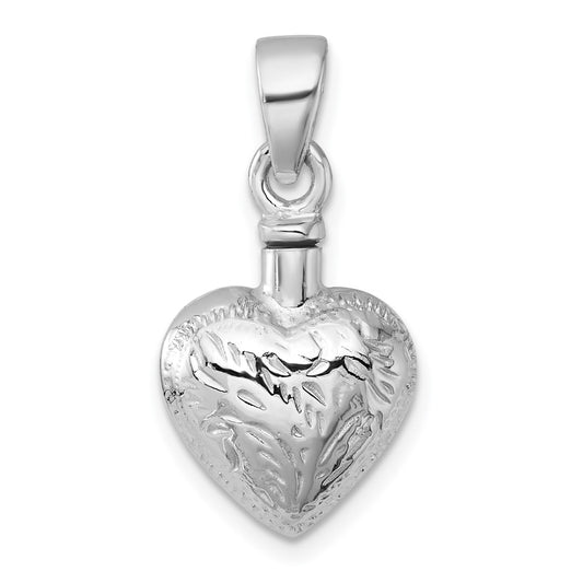 Sterling Silver Rhodium-plated Polished and Textured Heart with Leaves Ash Holder Pendant QC11505