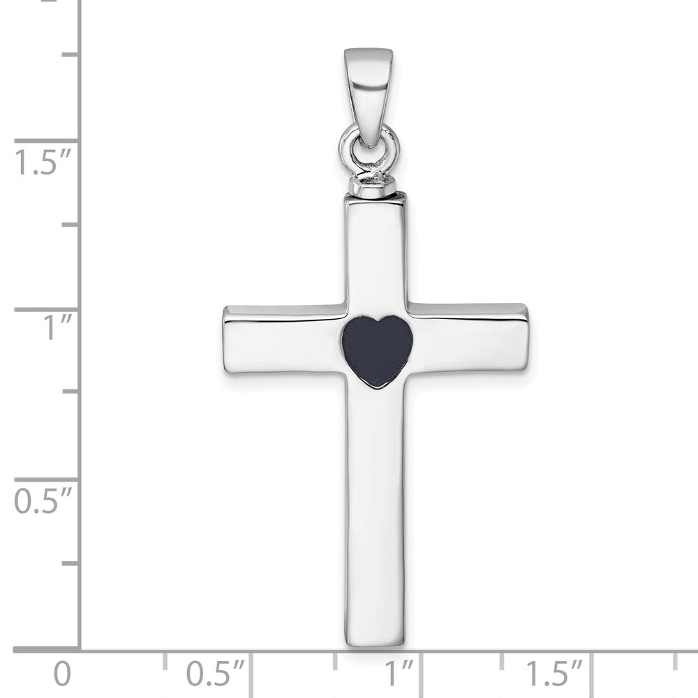 Sterling Silver Rhodium-plated Polished Latin Cross with Enameled Heart Ash Holder Pendant QC11532