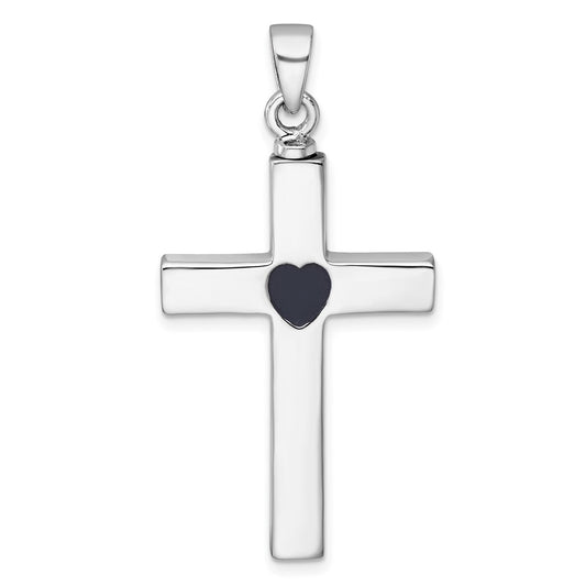 Sterling Silver Rhodium-plated Polished Latin Cross with Enameled Heart Ash Holder Pendant QC11532
