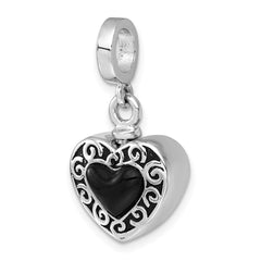 Sterling Silver Rhodium-plated Onyx Enameled Heart Ash Holder Bead/Pendant QC11536