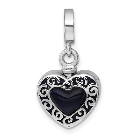 Sterling Silver Rhodium-plated Onyx Enameled Heart Ash Holder Bead/Pendant QC11536