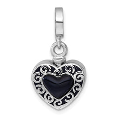 Sterling Silver Rhodium-plated Onyx Enameled Heart Ash Holder Bead/Pendant QC11536