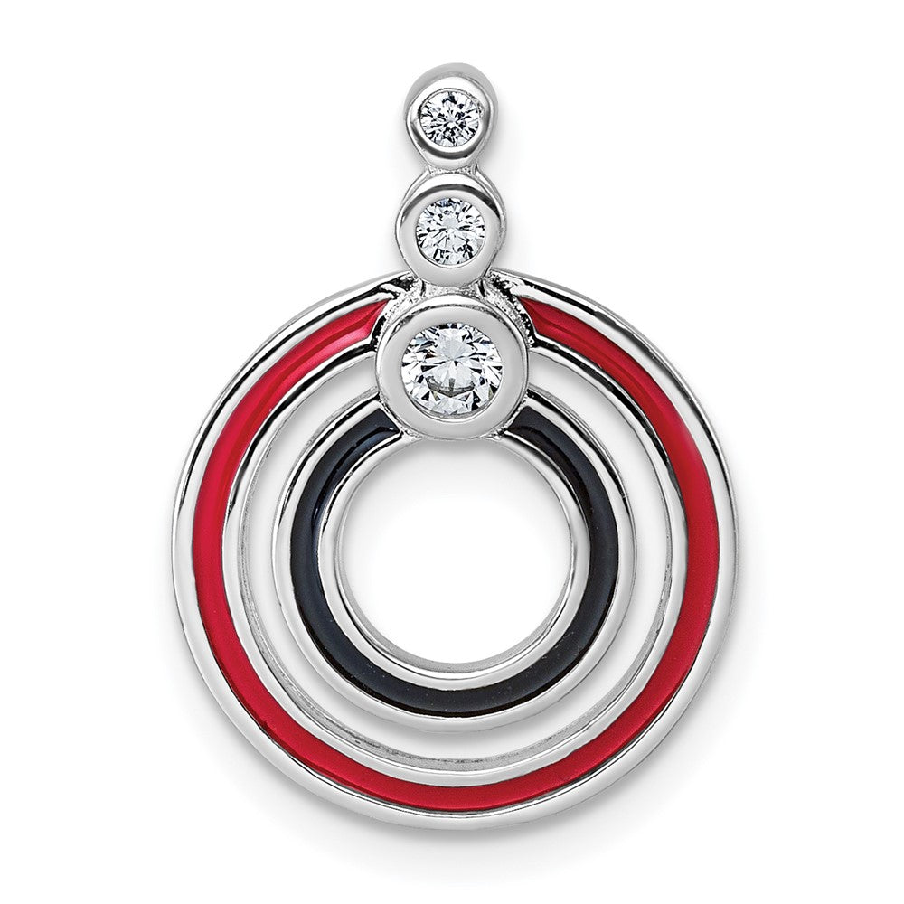 Sterling Silver Rhodium-plated CZ with Black and Red Enameled Circles Pendant QC11541