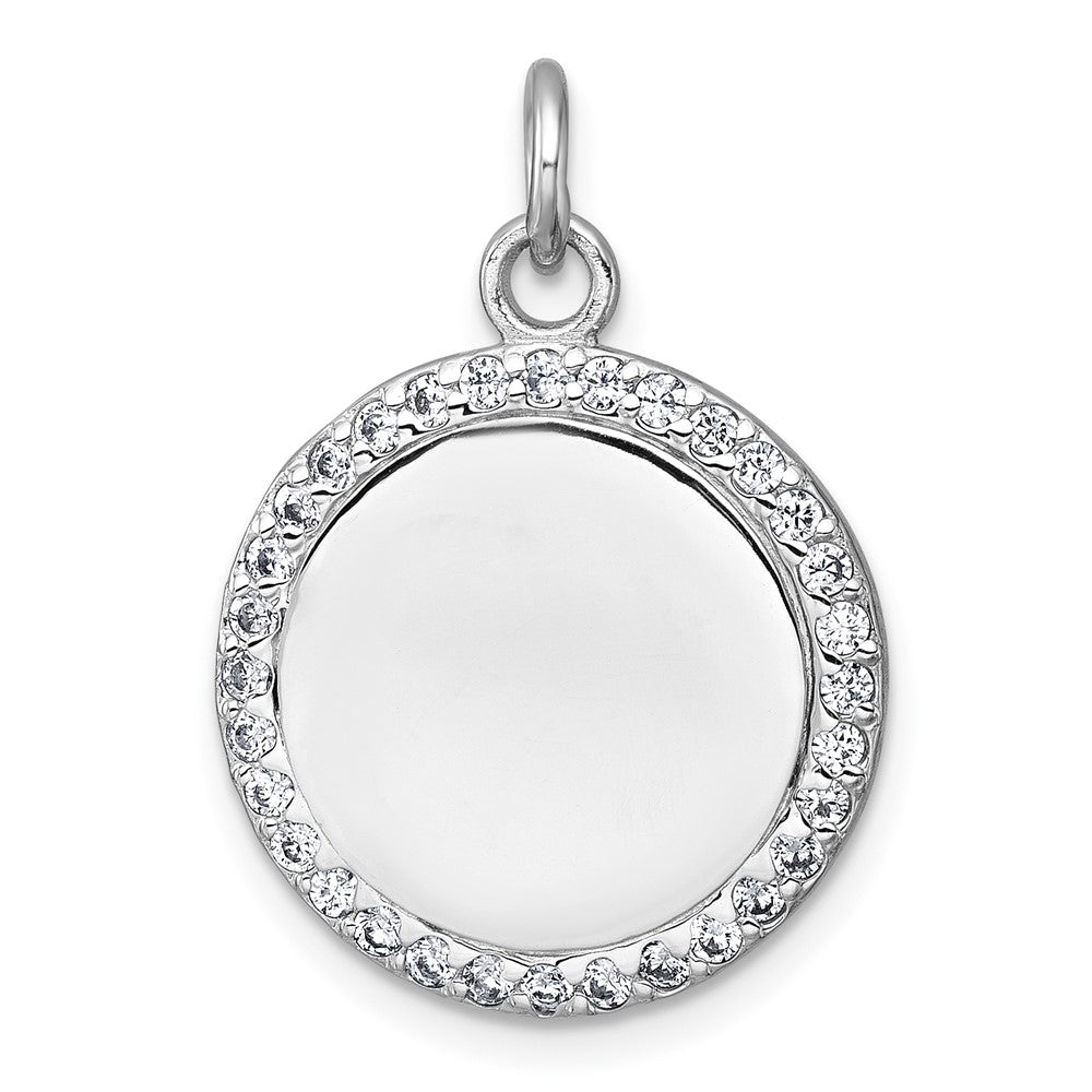 Sterling Silver Rhodium-plated Polished CZ Engraveable Circle Pendant QC11543