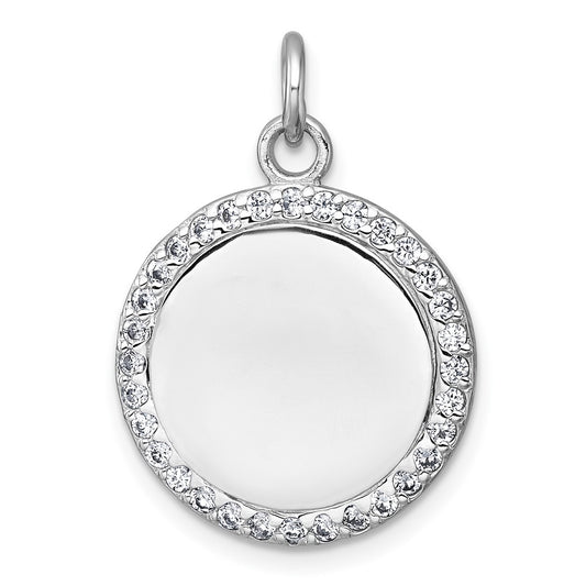 Sterling Silver Rhodium-plated Polished CZ Engraveable Circle Pendant QC11543
