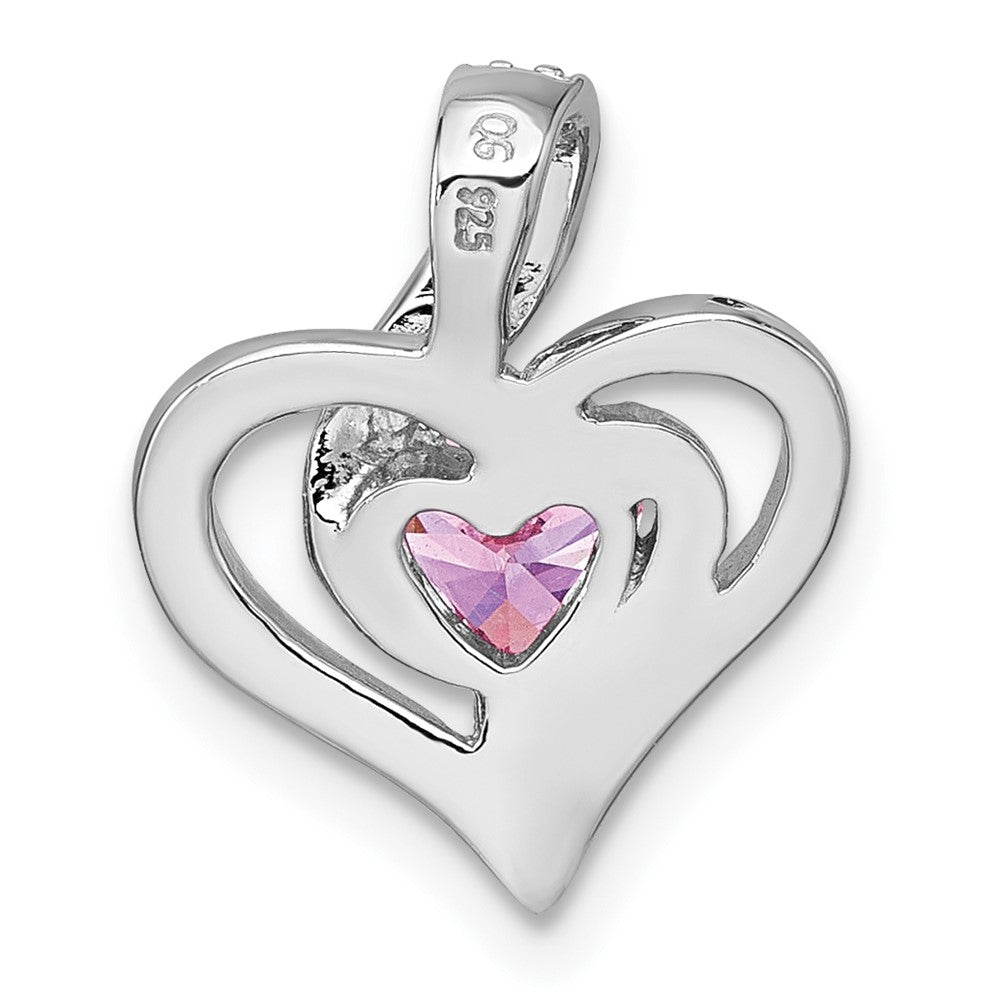 Sterling Silver Rhodium-plated Polished Pink and White Heart CZ in Open Heart Chain Slide Pendant QC11554