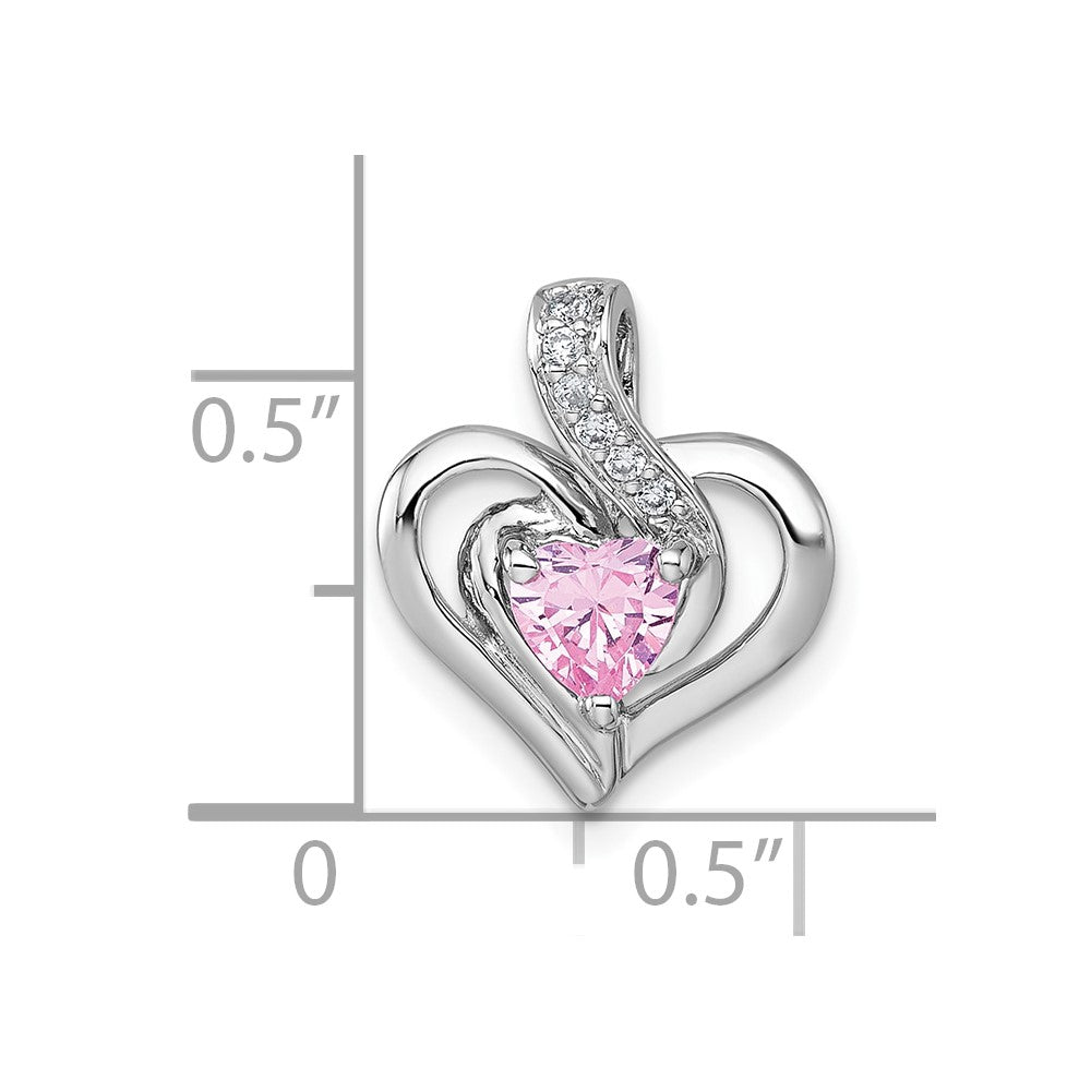 Sterling Silver Rhodium-plated Polished Pink and White Heart CZ in Open Heart Chain Slide Pendant QC11554
