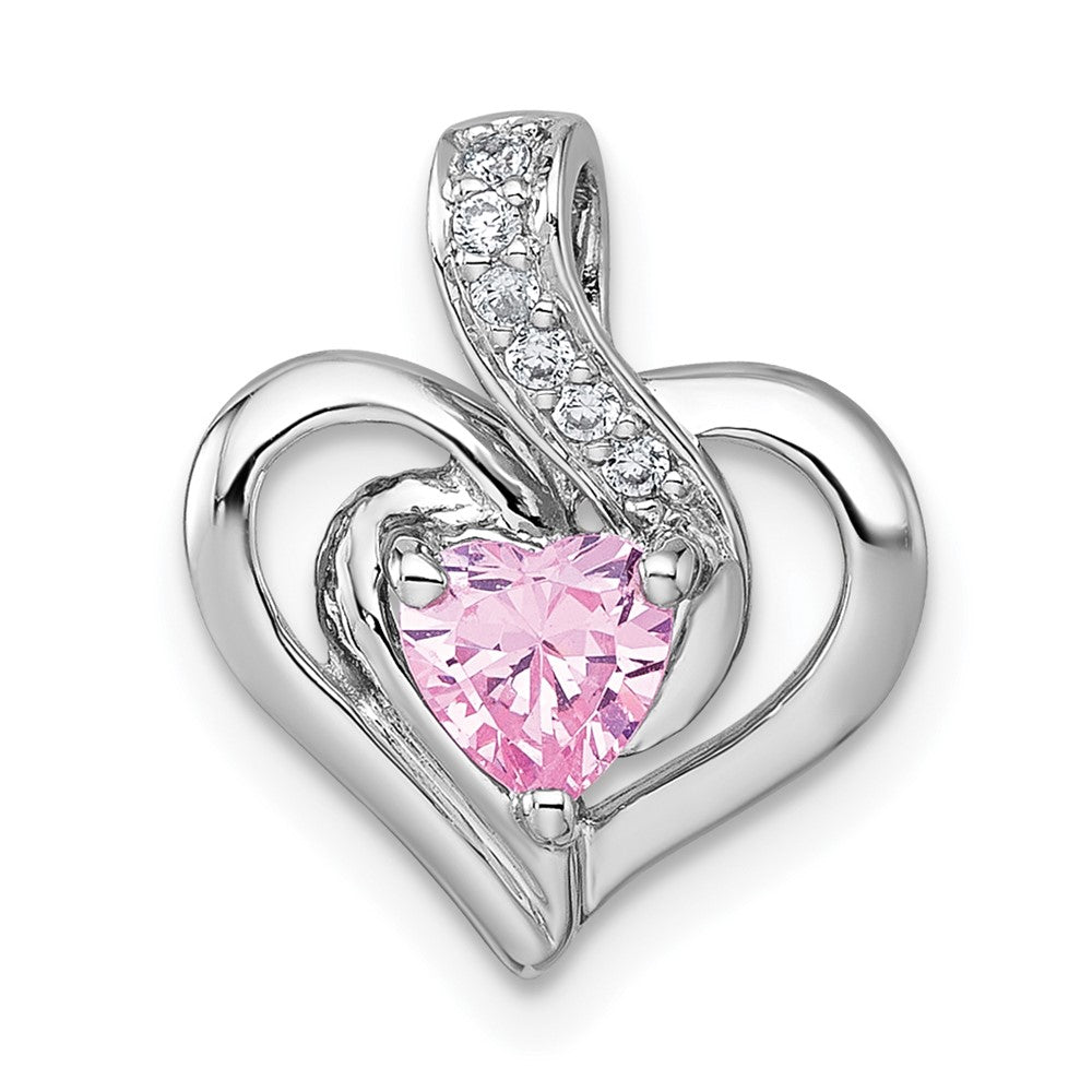 Sterling Silver Rhodium-plated Polished Pink and White Heart CZ in Open Heart Chain Slide Pendant QC11554