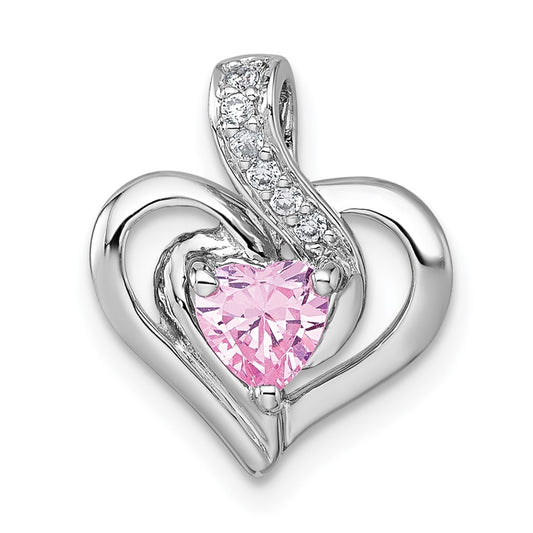 Sterling Silver Rhodium-plated Polished Pink and White Heart CZ in Open Heart Chain Slide Pendant QC11554