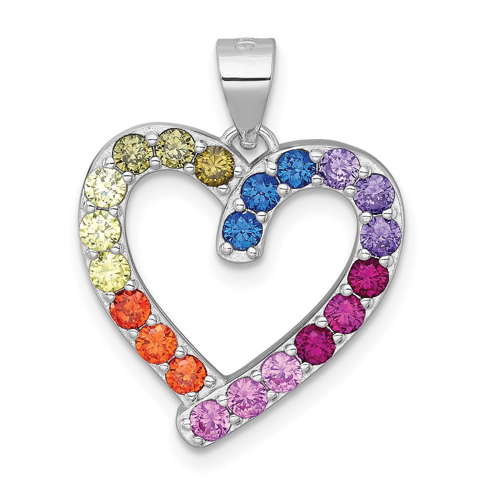 Sterling Silver Rhodium-plated Polished Multi-color Rainbow CZ Open Heart Pendant QC11555