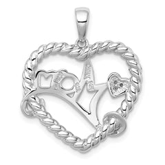 Sterling Silver Rhodium-plated with 14k Accent Polished CZ MOM Rope Heart Pendant QC11556
