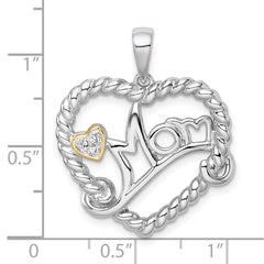 Sterling Silver Rhodium-plated with 14k Accent Polished CZ MOM Rope Heart Pendant QC11556