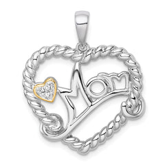 Sterling Silver Rhodium-plated with 14k Accent Polished CZ MOM Rope Heart Pendant QC11556