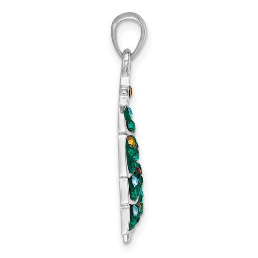Sterling Silver Rhodium-plated Polished Green/Yellow/Red/Blue Crystal Christmas Tree Charm QC11557