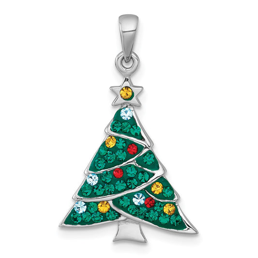 Sterling Silver Rhodium-plated Polished Green/Yellow/Red/Blue Crystal Christmas Tree Charm QC11557