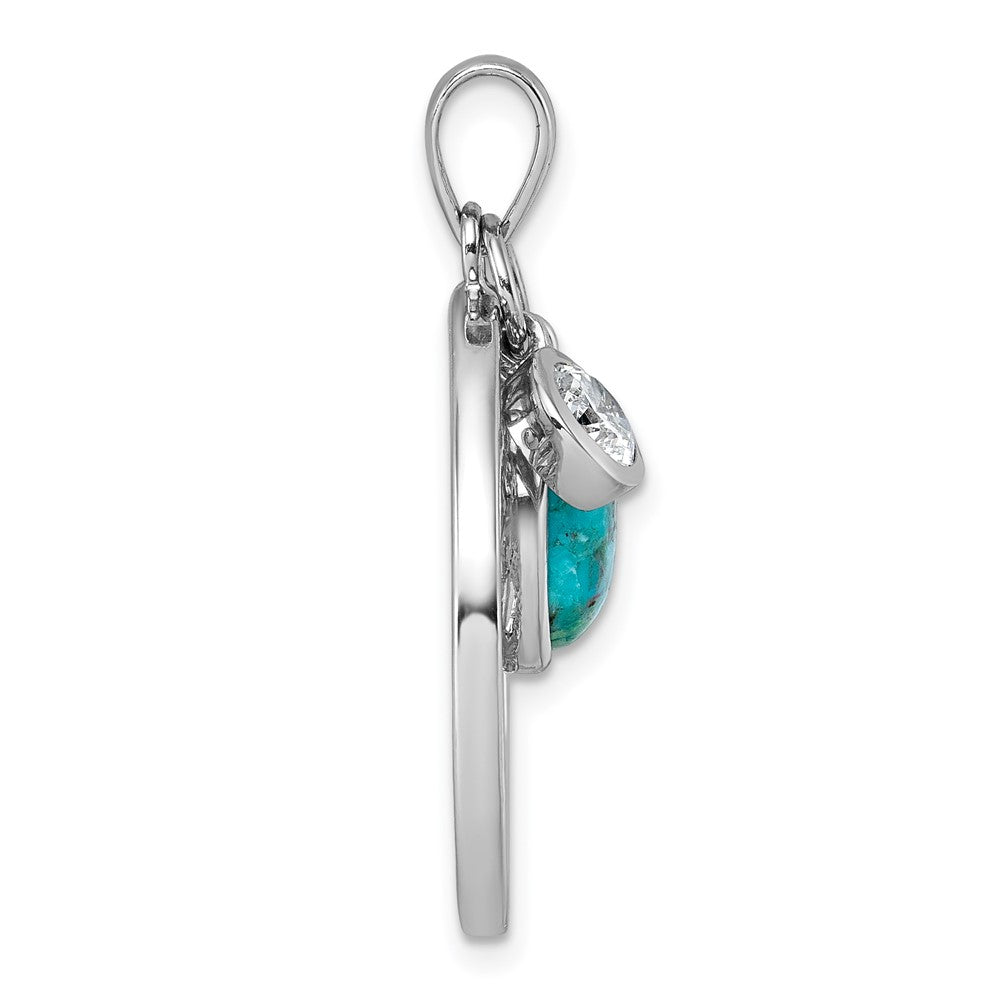 Sterling Silver Rhodium-plated Polished CZ and Compressed Turquoise Cabochon Tree of Life Pendant QC11565